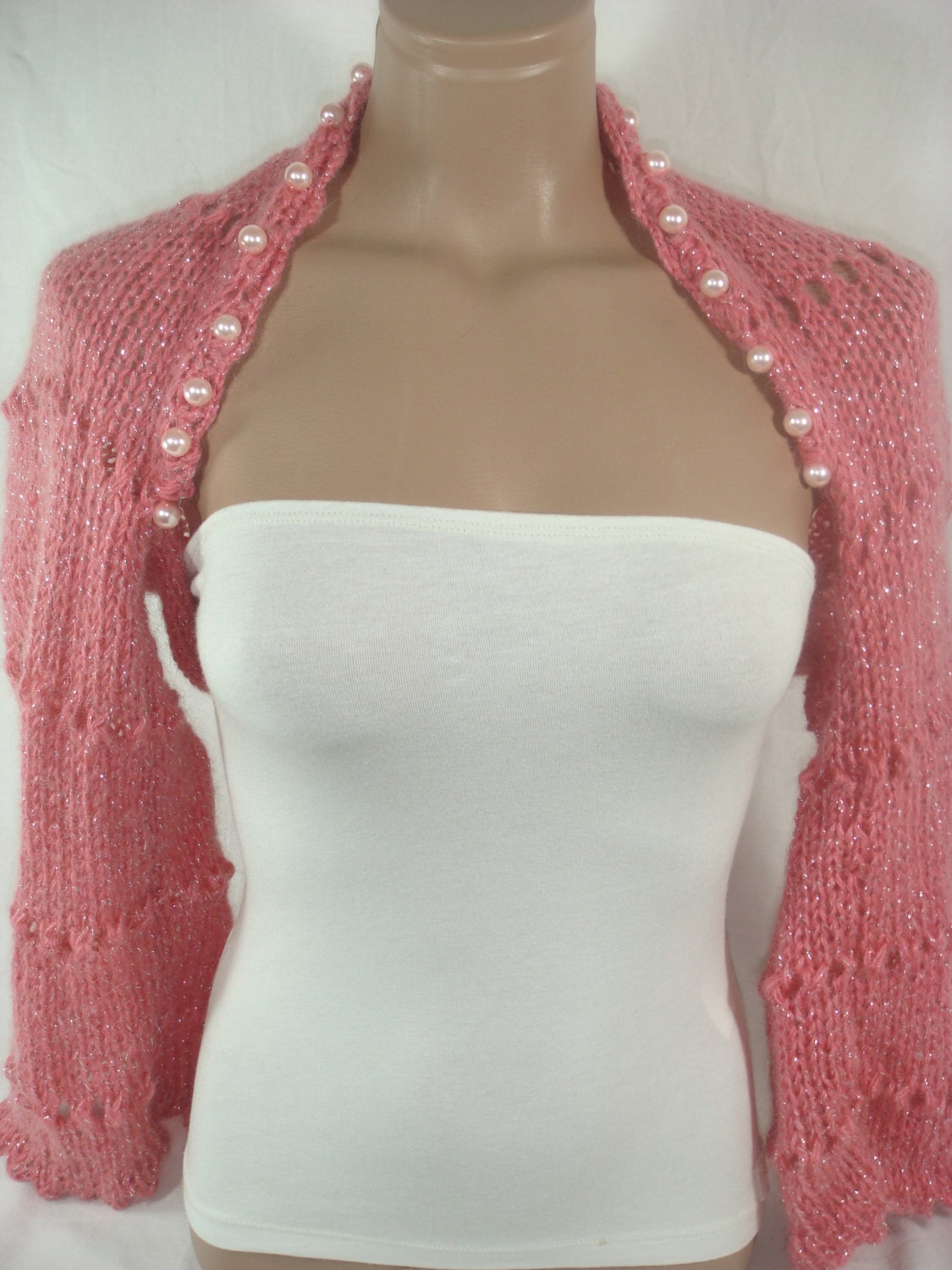 NEW-Knitted,Crocheted ( Pink-Salmon) Short Sleeve Bolero,Shrug by Arzu's Style