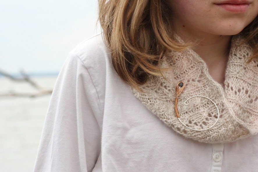 Bronze Larvikite Feather Spiral Shawl Pin - Handmade in Sterling Silver and Bronze Featuring a beautiful Larvikite Stone