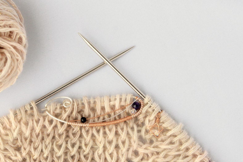Celestial Amethyst Knitting Tool Set with Bronze Stars - Handmade in Sterling Silver and Bronze Featuring a beautiful Amethyst Stone