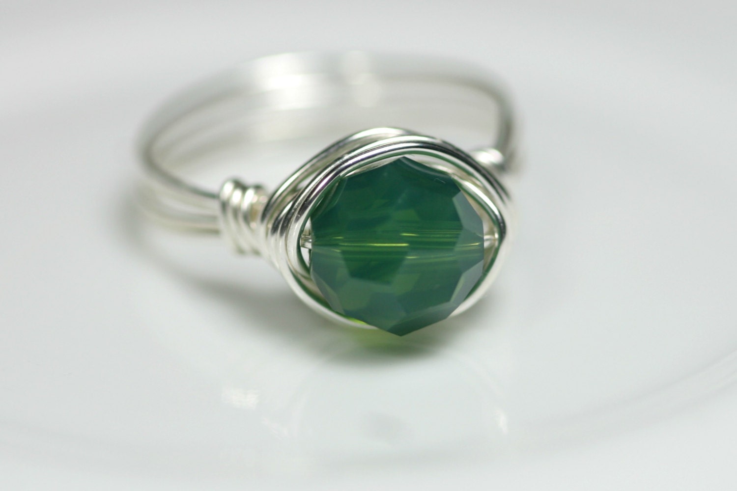Emerald Green Ring Swarovski Ring Wire Wrapped Jewelry Handmade Sterling Silver Jewelry Handmade Swarovski Crystal Jewelry  Dark Green Ring