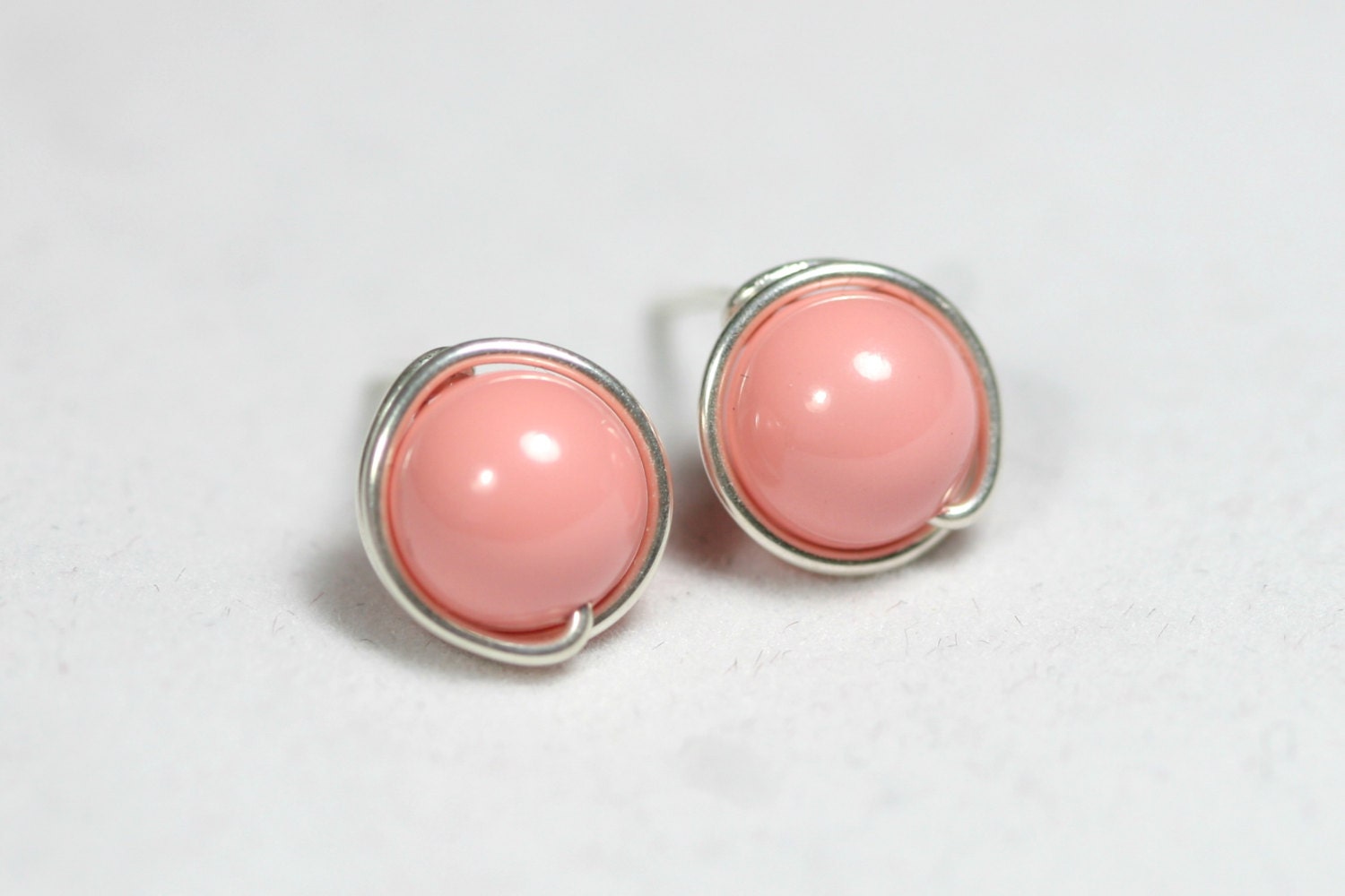 Pink Coral Earrings Large Stud Earrings Sterling Silver Jewelry Handmade Wire Wrapped Jewelry Handmade Pink Stud Earrings