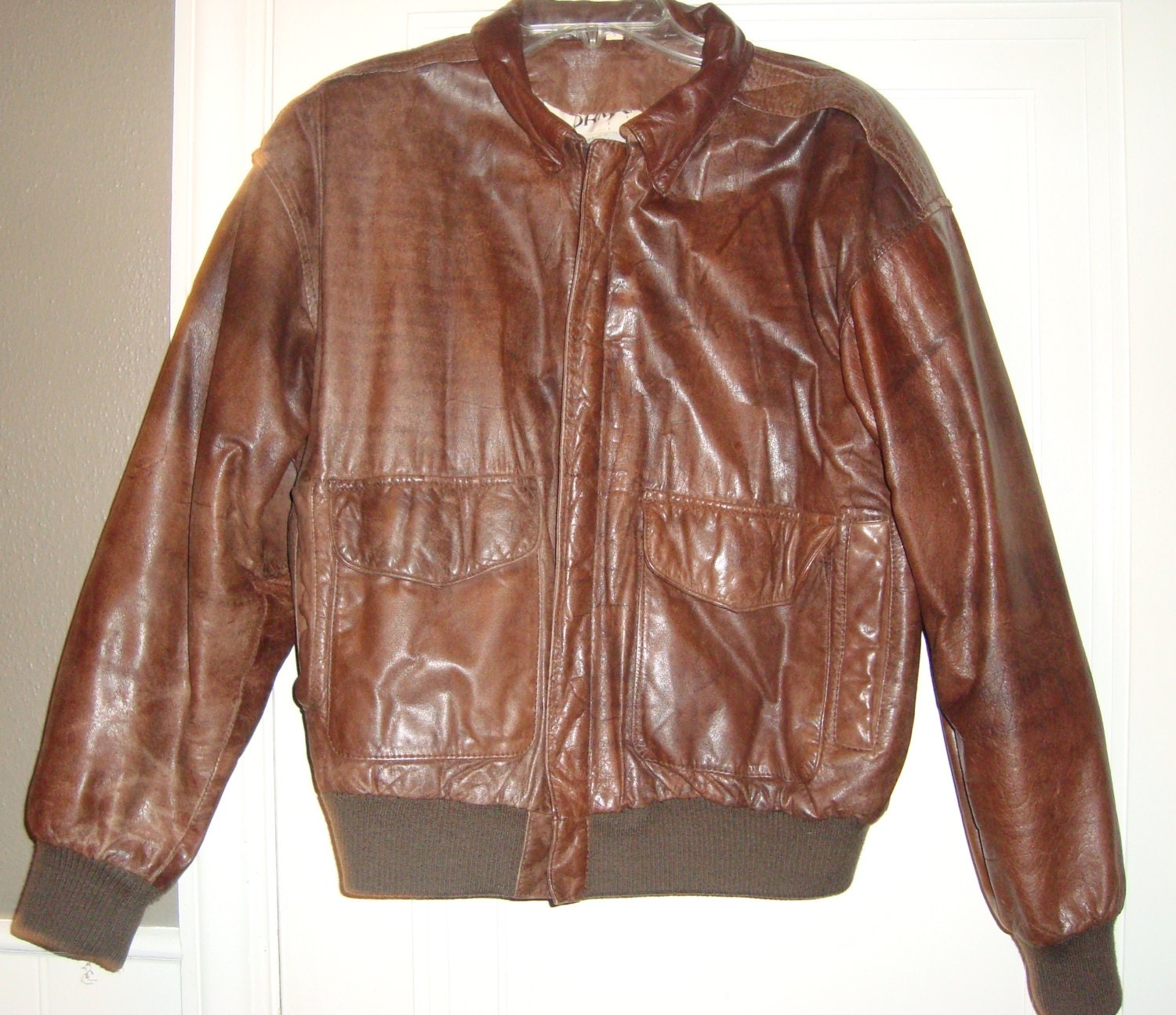 Vintage Leather Bomber Jacket - Outerwear