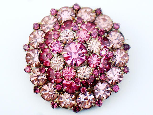 JULIANA Rose Pink Brooch Tiered Dome Pin Vintage High Fashion DeLizza and Elster Rhinestone Jewelry Collectable Spring Summer Pink Rose