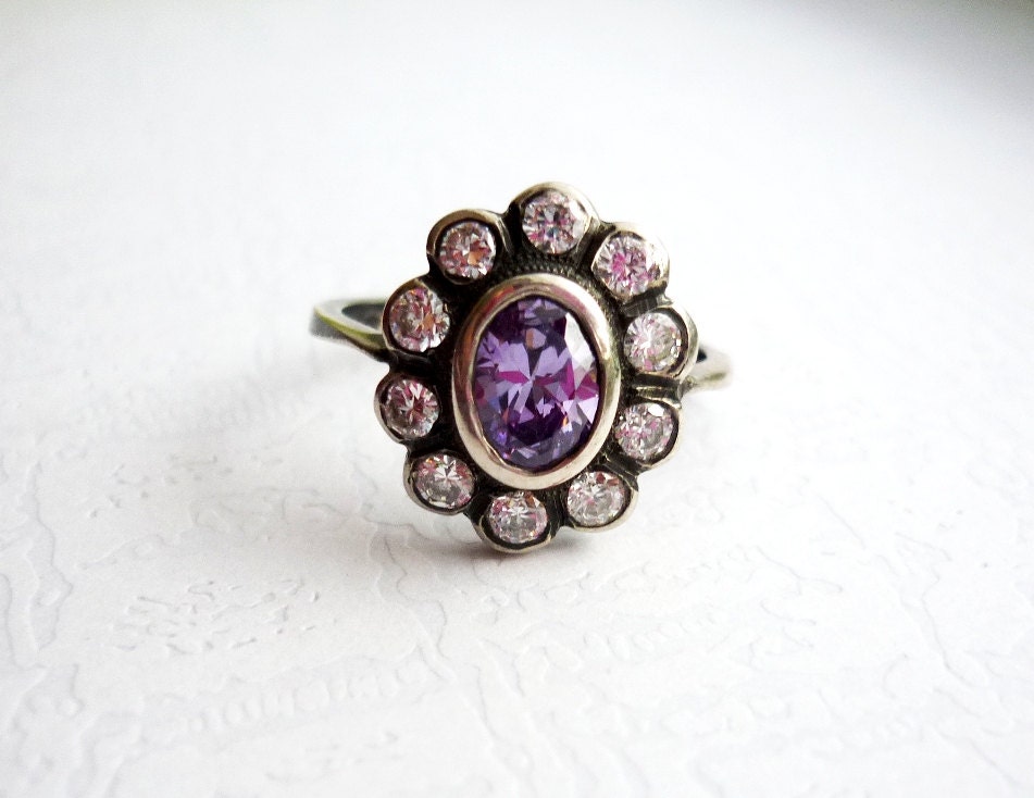 Purple Amethyst Silver Ring, Halo Ring, Cocktail Ring, Vintage Style, Antique Style, Gift for Her, Free Shipping to EU, US, CAN
