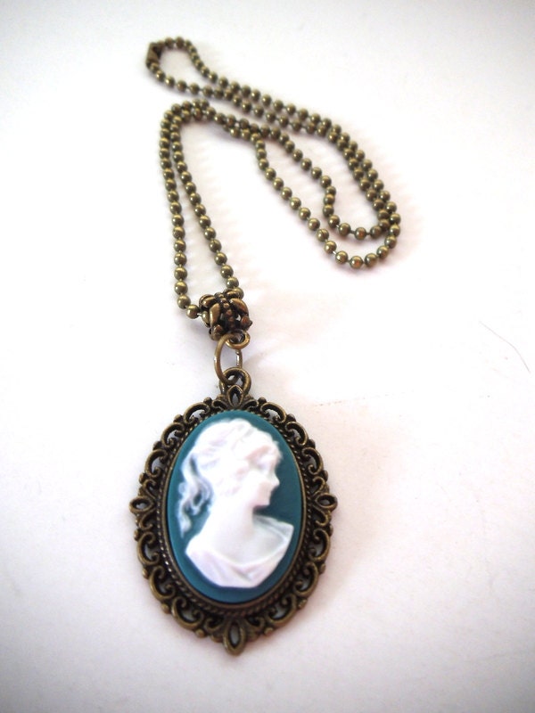 Lovely Lady Cameo in Bronze Setting, Bronze Ball Chain Necklace, White and Teal Cameo