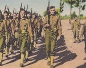 US INFANTRY on the March, Gordon's Cleaners & Civilian and MILITARY Outfitters, Vintage Linen Ad Postcard, Used and Stamped, 1940s, Acme