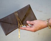Large sheepskin leather wallet with gold strap