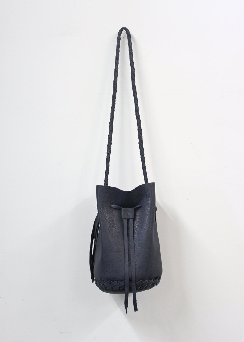 Deep blue Hobo Leather Bucket Bag