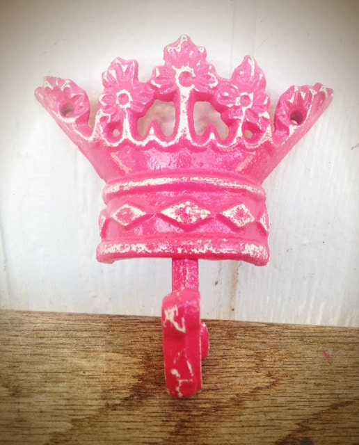 BOLD snowy hot pink white princess CROWN // towel wall jewelry hook // GIRLS room // shabby chic victorian hand painted