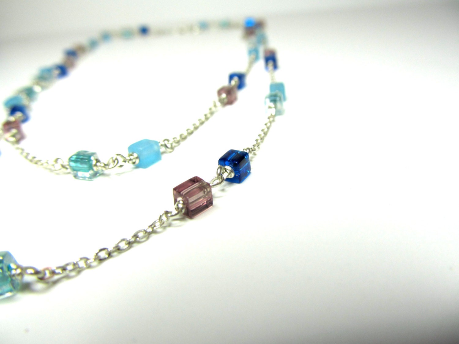 Sterling Silver Necklace with Glass Cube Beads, Beaded Chain, Long Silver Chain Necklace, Women's Necklace, Modern Jewelry