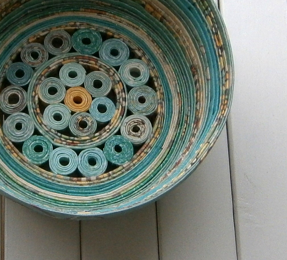 Coiled Paper Basket / Bowl, Handmade - Shades of Aqua and Teal Recycled Paper, 5" Diameter