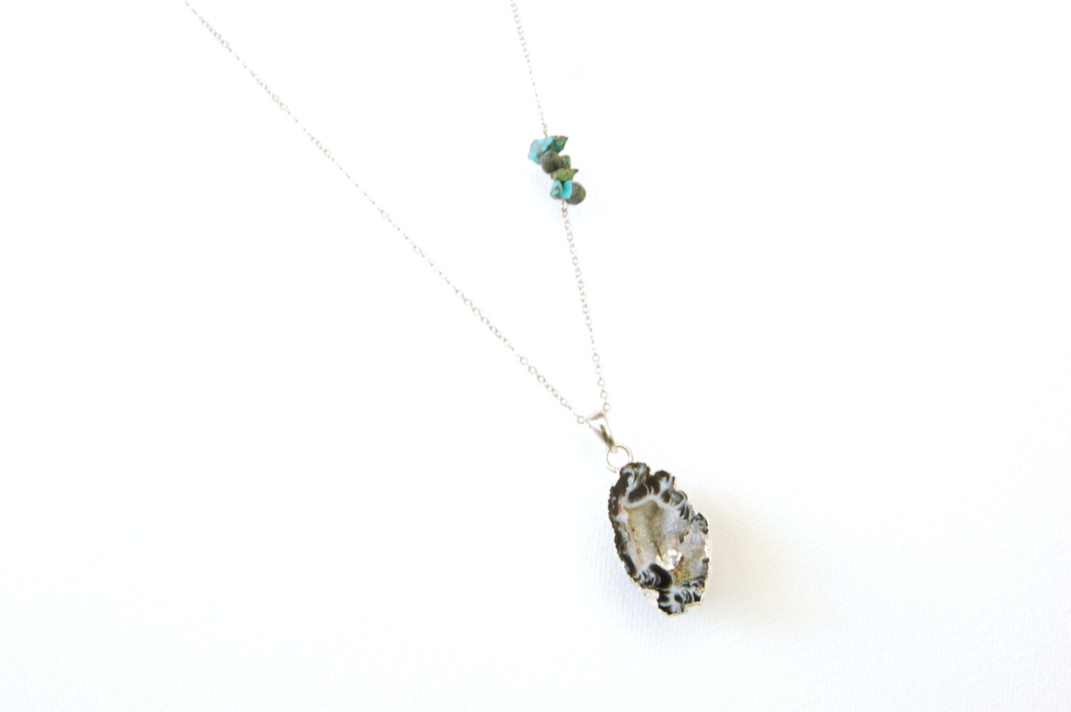 Long Necklace Agate Amethyst Pendant Raw Turquoise Beads Silver Chain Mineral Jewelry Bohemian Crystals Healing