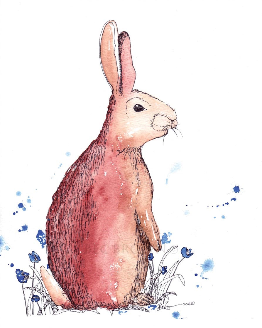 Bunny in the bluebells Watercolour Art Drawing 8x10" Print (unframed)