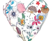 Floral Heart Watercolour Art Drawing 8x10" Print (unframed)