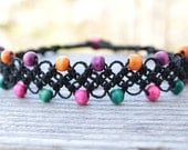 Black Hemp Choker With Multi-Colored Wood Beads - 15"