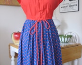 Vtg 50s POLKA DOT Wrap Style Swirl Label Day Dress w/ Cap Sleeves & Soft Inverted Pleats M/L