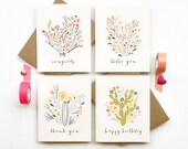 Social Stationery set of 4 cards thank you hello congrats happy birthday illustrated woodland and tribal floral blooms kraft