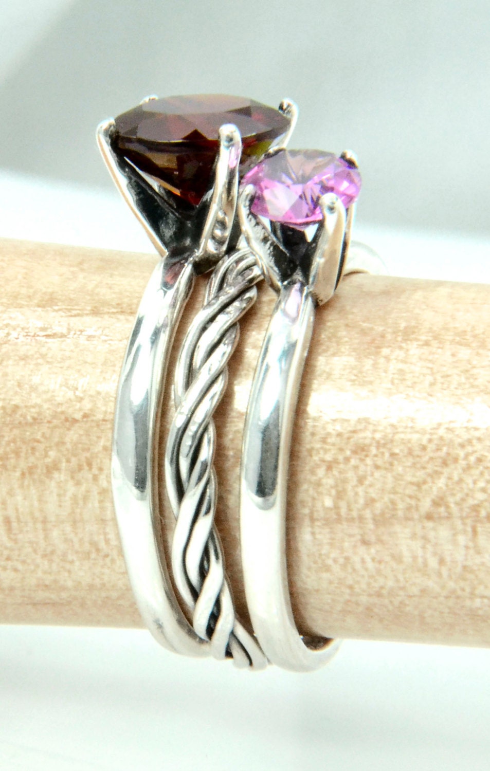 Silver Ring Stacking Trio, Be My Sweetheart Ring Set in Garnet and Pink Tourmaline with Twisted Wire Accent Ring