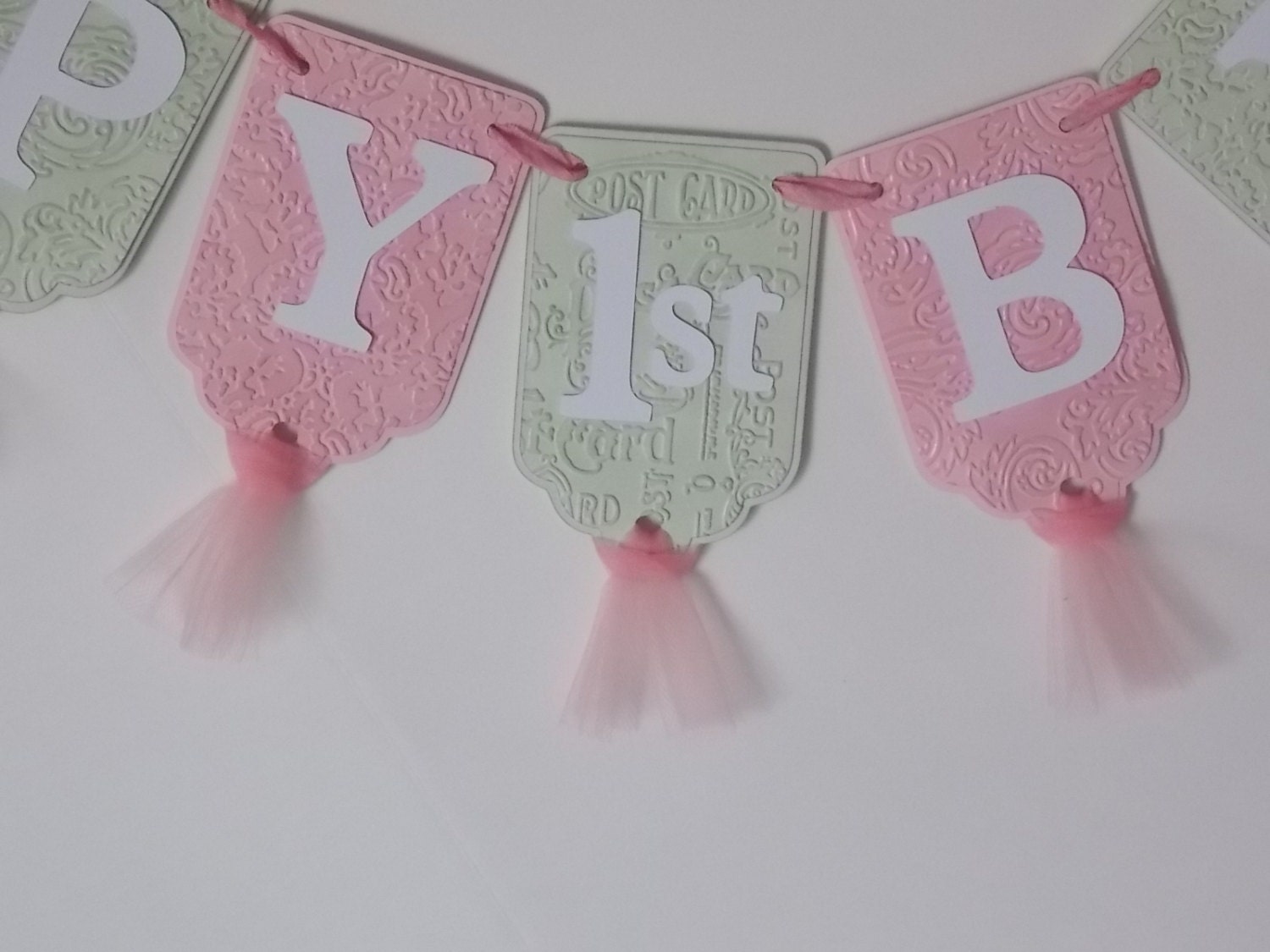 Shabby Pink Green and White Happy 1st Birthday Banner