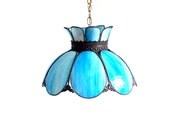 Vintage Stained Glass Lamp Tulip Swag Pendant Blue White Marbled Tiffany Curved Glass Panels Hanging Overhead Ceiling Parlor Chandelier