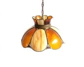 Vintage Hanging Lamp Overhead Swag Pendant Tulip Ceiling Chandelier Stained Curved Tiffany Glass Panels Amber Yellow Gold Retro Lighting
