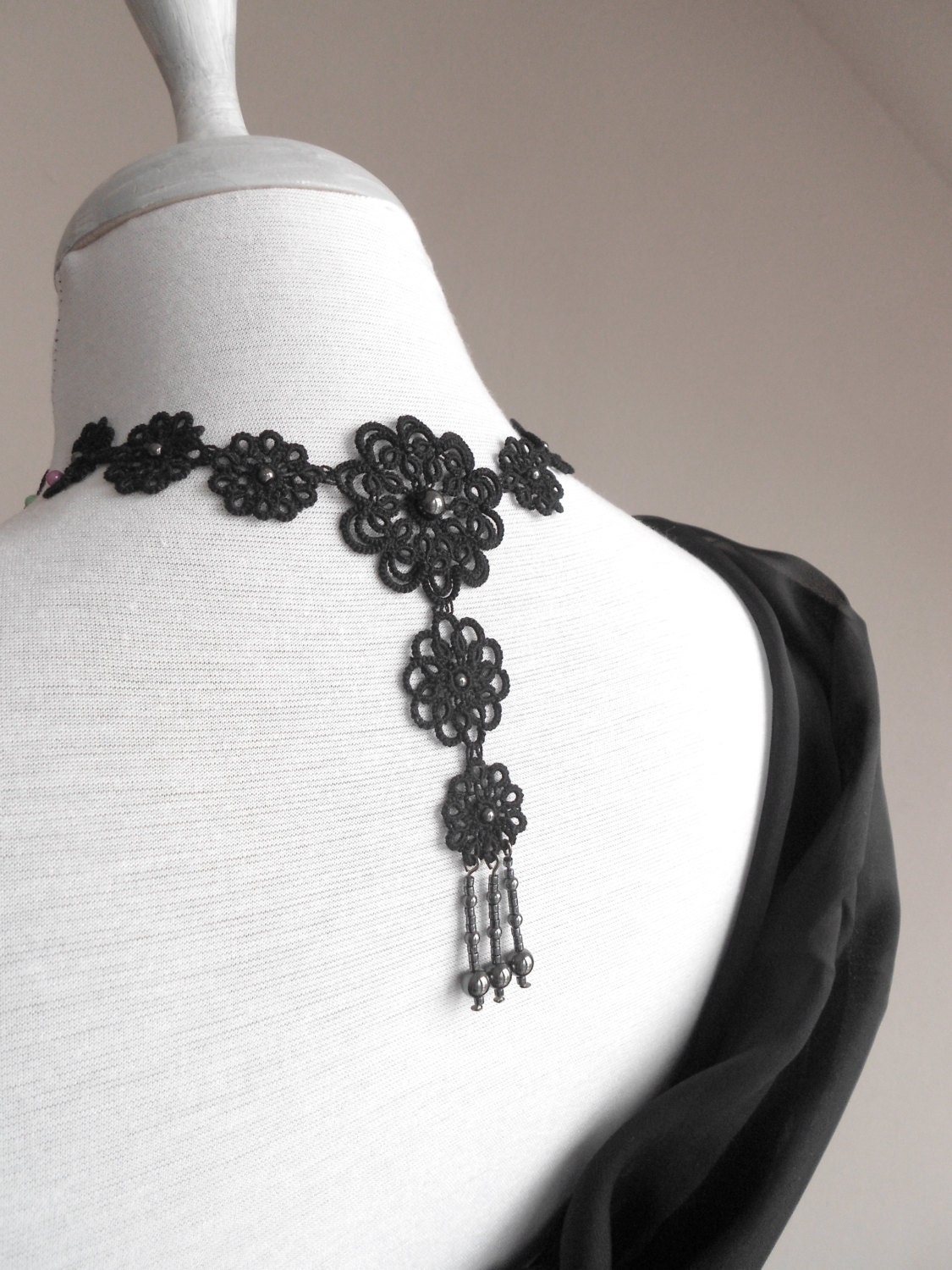 Black floral lace necklace, evening, party, tatted, elegant