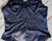 Plus Size - Vintage Lingerie Black Lace Trim Bodysuit (Size 40)