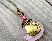 Bronze wire wrapped Pink Rose Quartz pendant with Hello Kitty Cat crystal charm Handmade Necklace
