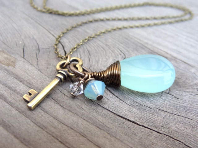 Bronze Wire Wrapped Aqua Blue Chalcedony with Crystal Beads & Key Charm Handmade Necklace