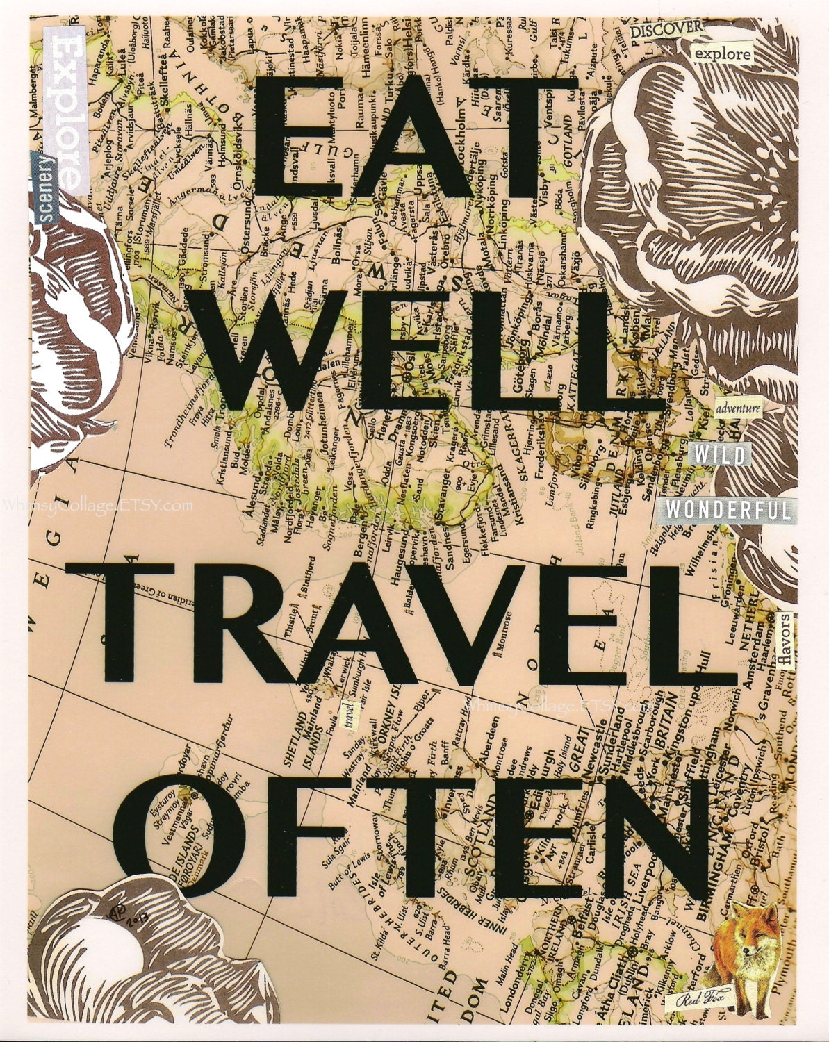 EAT WELL Travel Often- floral Print -Travel Art from Allie Kelley - 8 x 10 Print