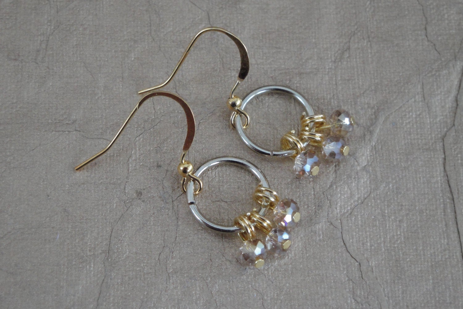 Wire Wrapped Hoop Link Drop Earrings Hoop Link Drop Earrings Faceted Light Yellow Peach Crystal
