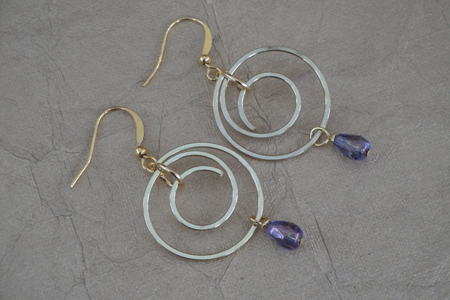 Spiral Earrings, Wire Wrapped Drop Earrings, Swirl Earrings, Gold Colored Metal Earrings, Faceted Drop Earrings