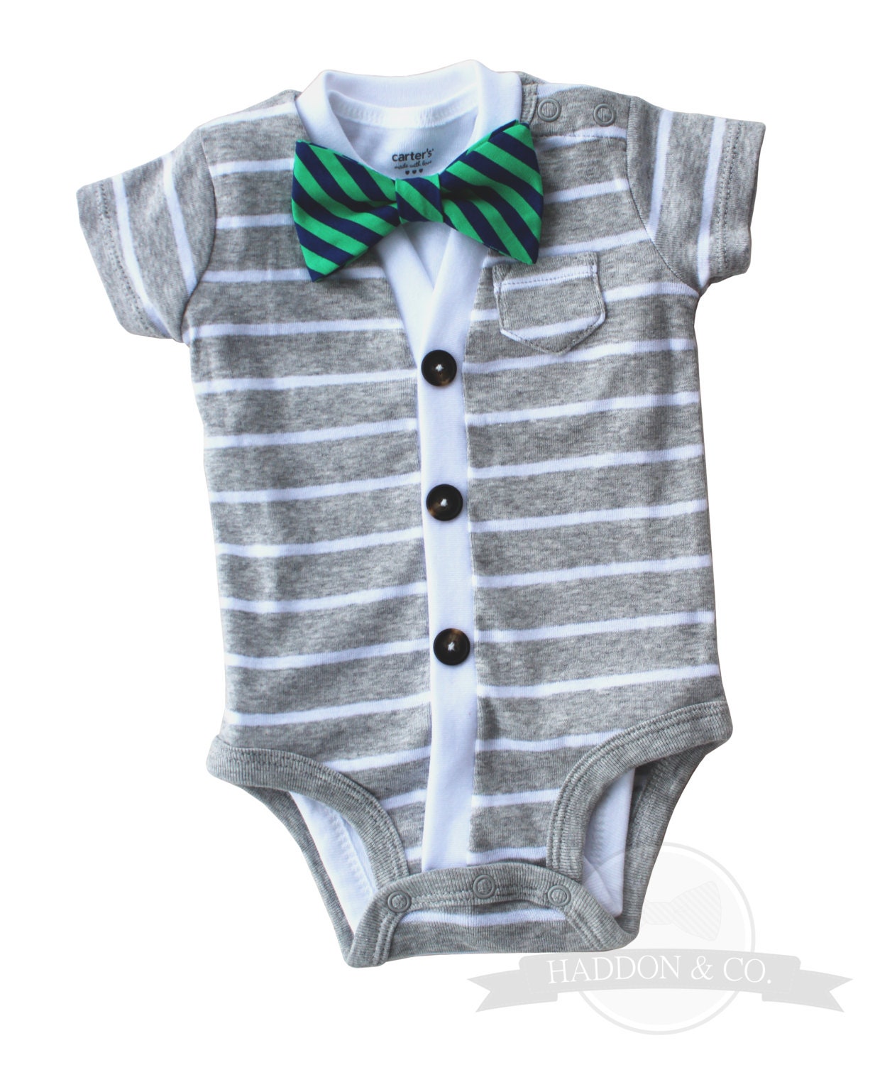Cardigan and Bow Tie Onesie Set - Grey with Navy/Green Stripe - Trendy Baby Boy - Perfect for Spring Shower