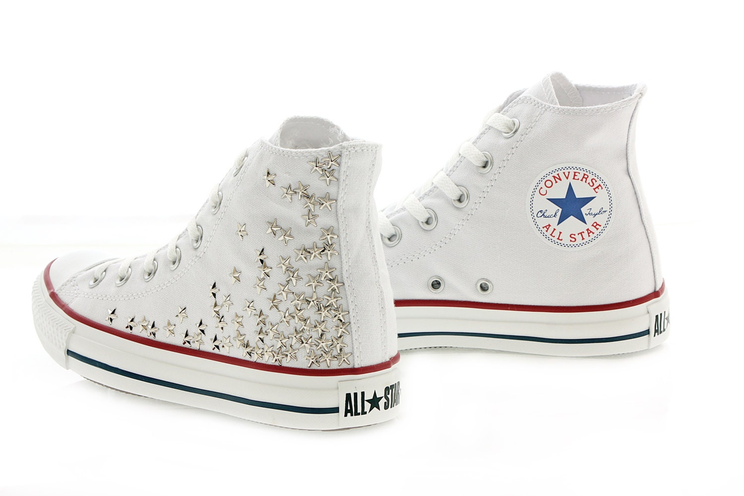 Studded White Converse Silver Star Studs with converse White high top by CUSTOMDUO on ETSY