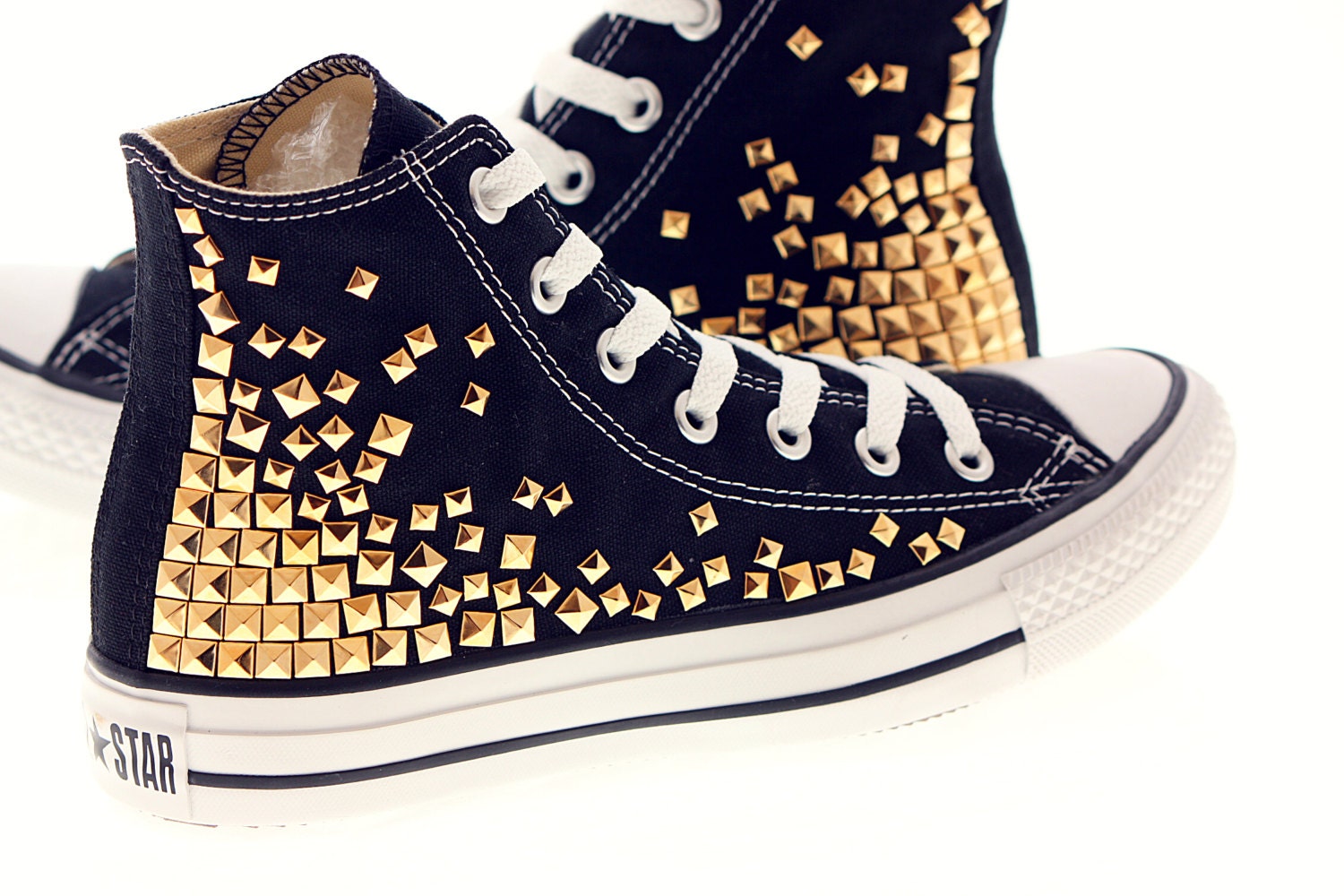 Studded Converse, Gold Pyramid studs with Black Converse chuck by CUSTOMDUO on ETSY