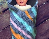 Crocheted hooded striped baby blanket with lining