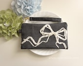 Wristlet Bow Clutch Ivory Bows Grey wool Makeup Bag Purse Wallet Zippered Pouch Iphone Handbag for Women