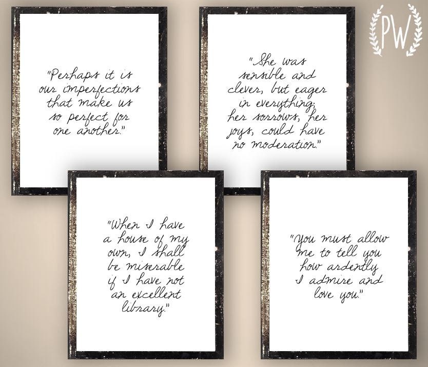 Jane Austen Quote Prints, printable quotes, wall art decor inspirational - digital typography