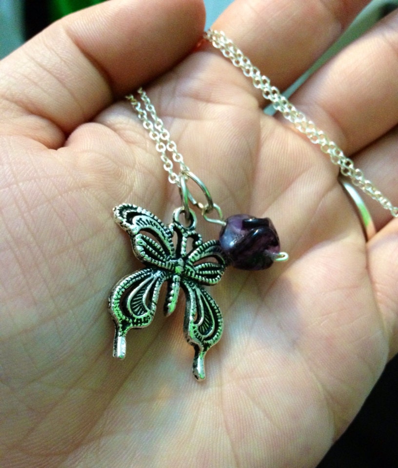 Butterfly Charm Necklace with Custom Color Bead