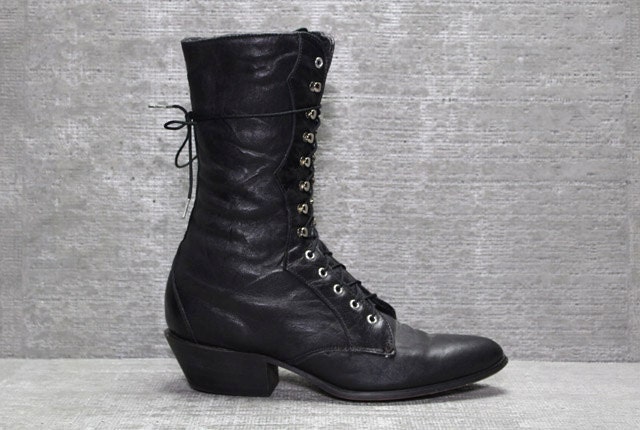 Vtg 80s Black Leather Western Tall Lace up Roper Boots 6.5 7 6 1/2 37