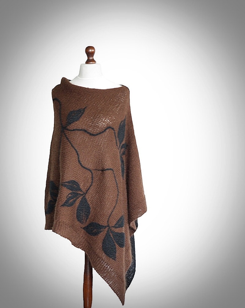 Brown and black poncho, women poncho, knit poncho, knit shawl, knit scarf, knit cape, felted appliques, felted poncho, Modern Clothing
