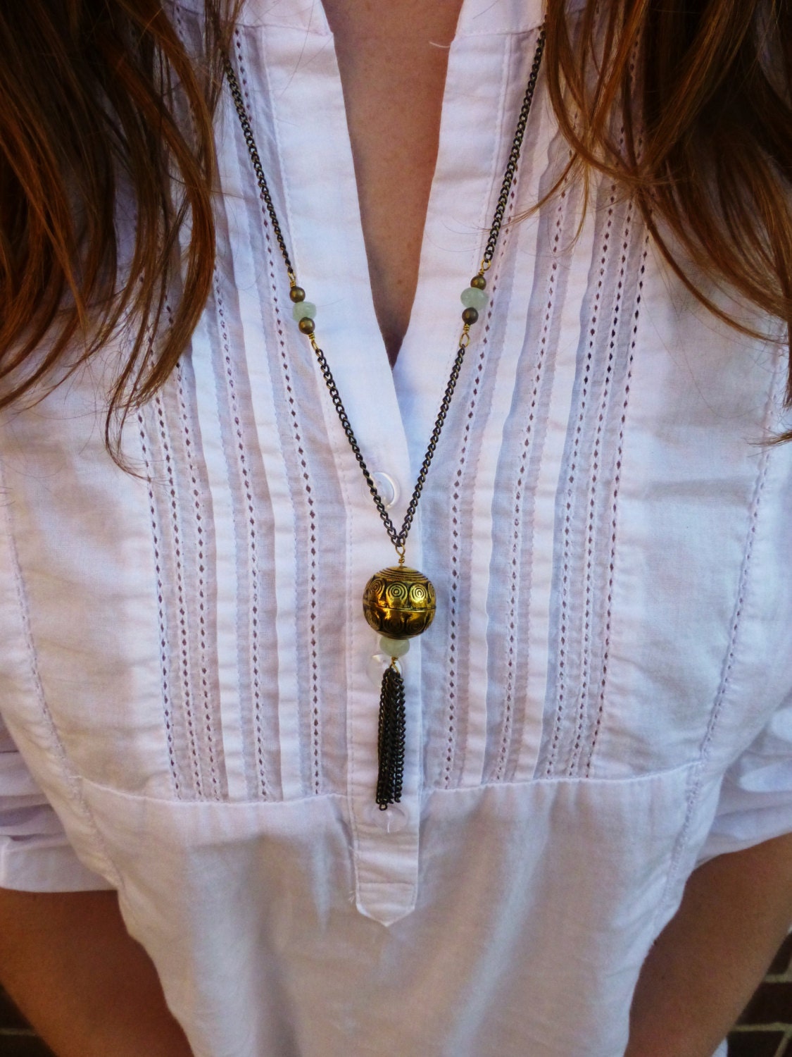 Antiqued Gold Tribal Bead Necklace - Long Gold Necklace with Tassel