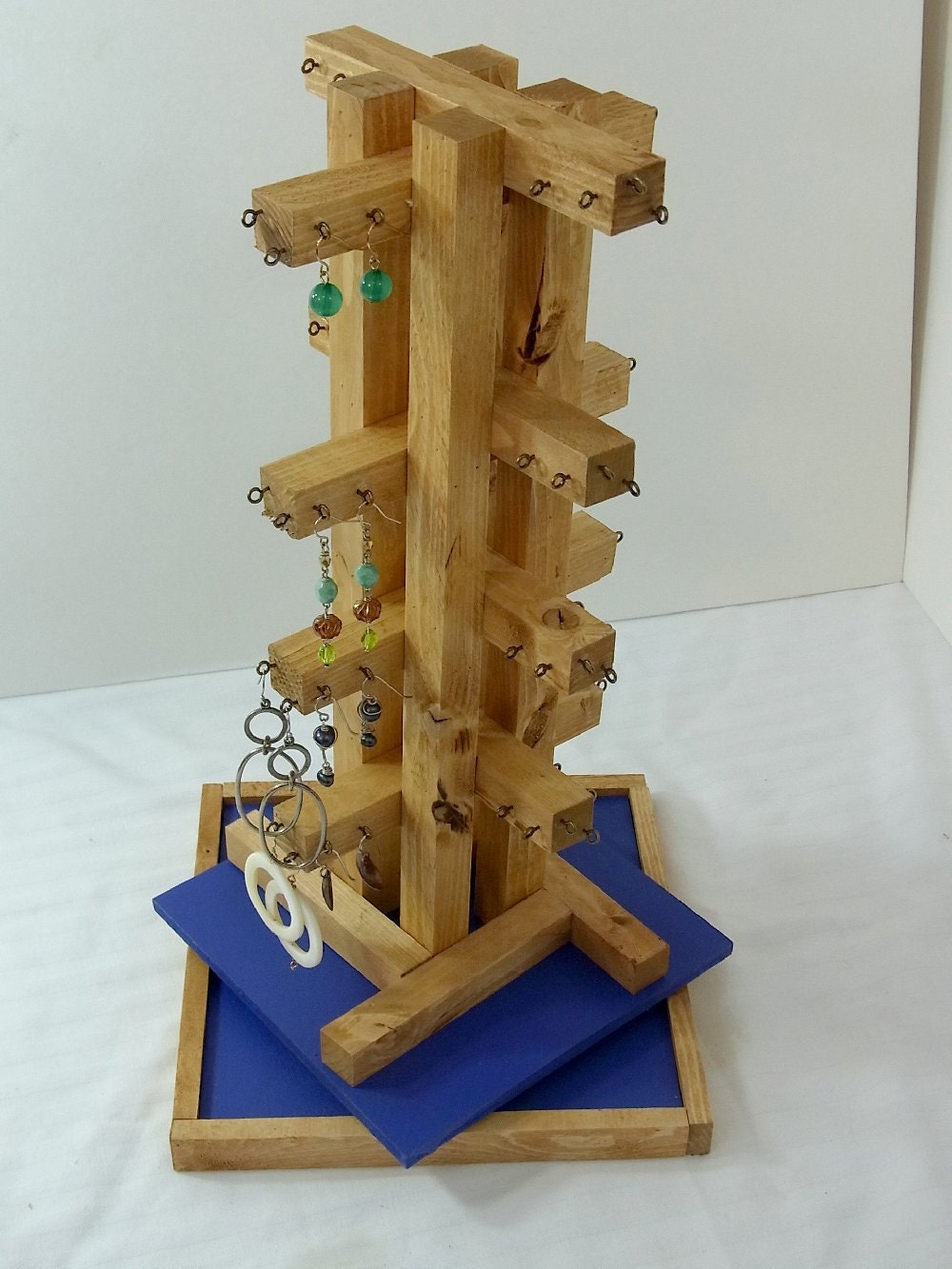 Rotating Earring Organizer Craftsman Stacked Wood Hanger Honey Oak Stain Monaco Blue Base