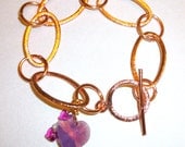 Etched Copper Charm Bracelet with Purple Opal Swarovski Crystal Heart & Fuchsia Butterflies. Pink. Bead Bracelet. Jewelry Sale. Shop Sale.