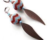 Ethnic Seed Bead Earrings with metallic feathers - beaded jewelry,  native american inspired, blue, orange and brown