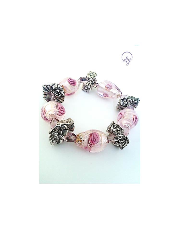 Pink, Silver Foil and Pewter Bead Bracelet - British Handmade Jewellery