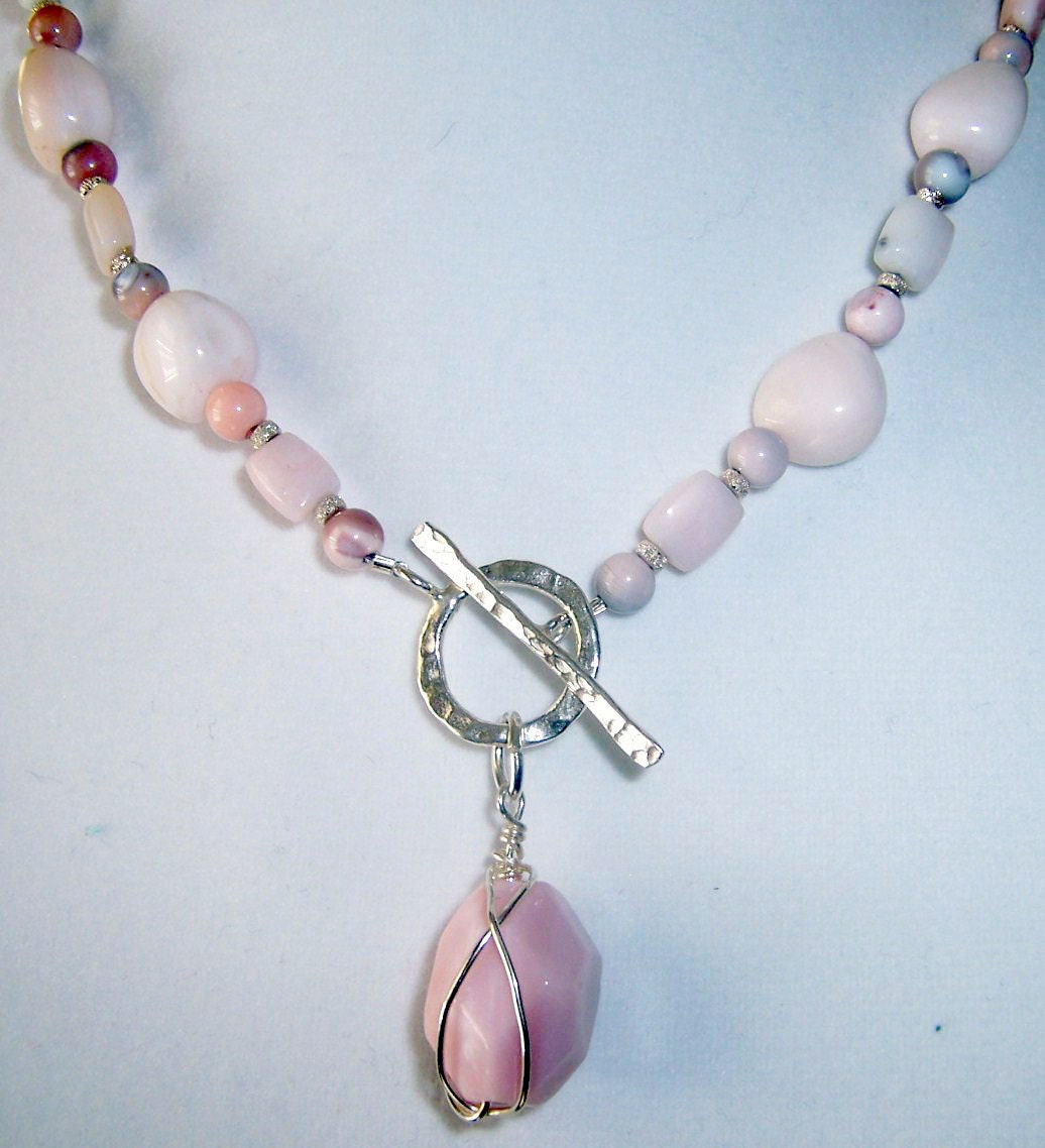 Pink stone necklace, Pink opal pendant, wire wrapped opal