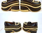 Vintage 60s 70s bohemian Towering Clog platforms Wood dark brown leather High heels shoes hippie braided twine MOD Go Go Disco