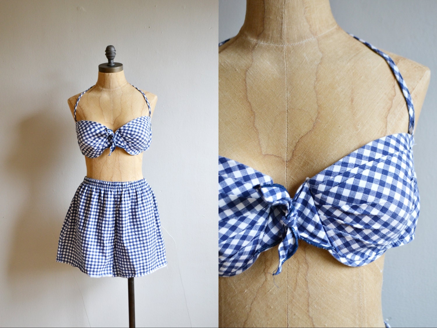 Vtg 80s 50s checkered PINUP bikini swimsuit // retro 50s high waist mini shorts boy shorts FULL CUP plus size halter bow tie bathing suit
