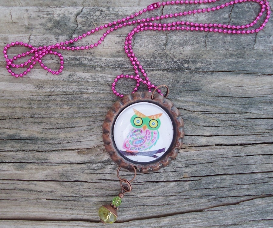 Colorful Owl Bottle Cap Charm Necklace